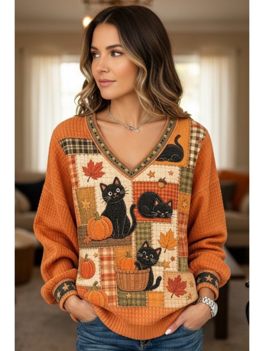 Black Cat Pumpkin Patchwork Quilt V-Neck Long Sleeve Fall Halloween Sweater Top